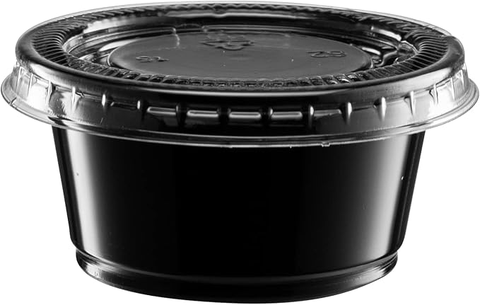 (2 oz - 100 Sets) Black Diposable Plastic Portion Cups With Lids, Small Mini Containers For Portion Controll, Jello Shots, Meal Prep, Sauce Cups, Slime, Condiments, Medicine, Dressings, Crafts