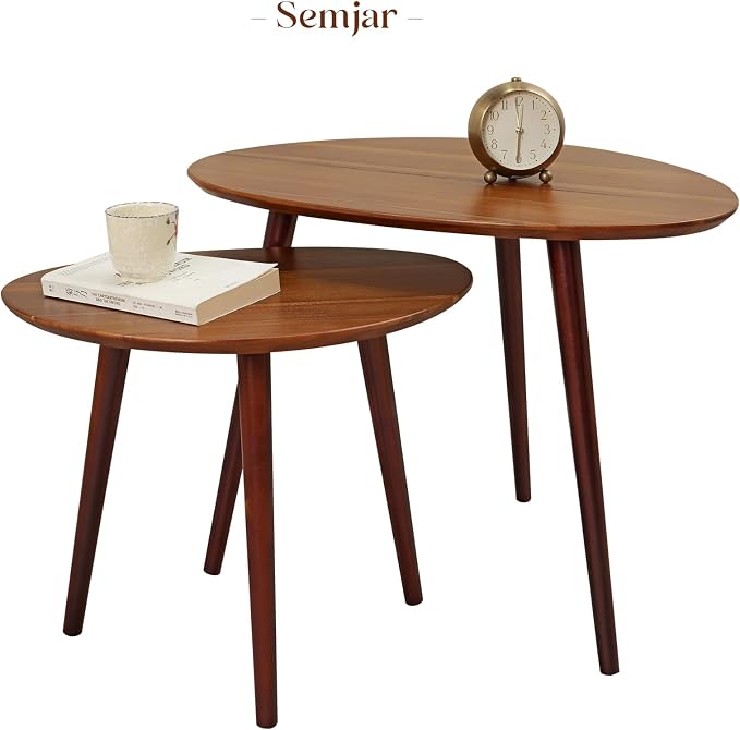 Small Oval Coffee Tables Set, Acacia Wood Nesting Tables(25.6"x17.7"+17.7"x13.4" - Image 9