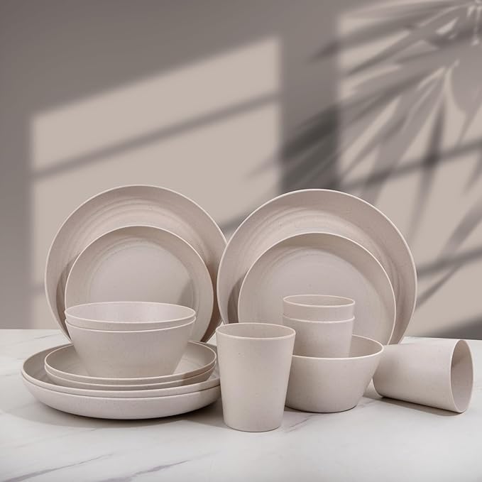 LIYH 48 Pcs Beige Plastic Wheat Straw Dinnerware Set - Reusable Plates and Bowls Sets,Unbreakable Plates Dishes Bowl Cup Outdoor Camper Dish Set for 12