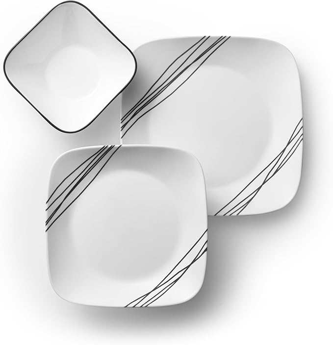 Corelle Vitrelle 18-Piece Service for 6 Dinnerware Set Triple Layer Glass and Chip Resistant, Lightweight Square Plates and Bowls Set, Simple Sketch