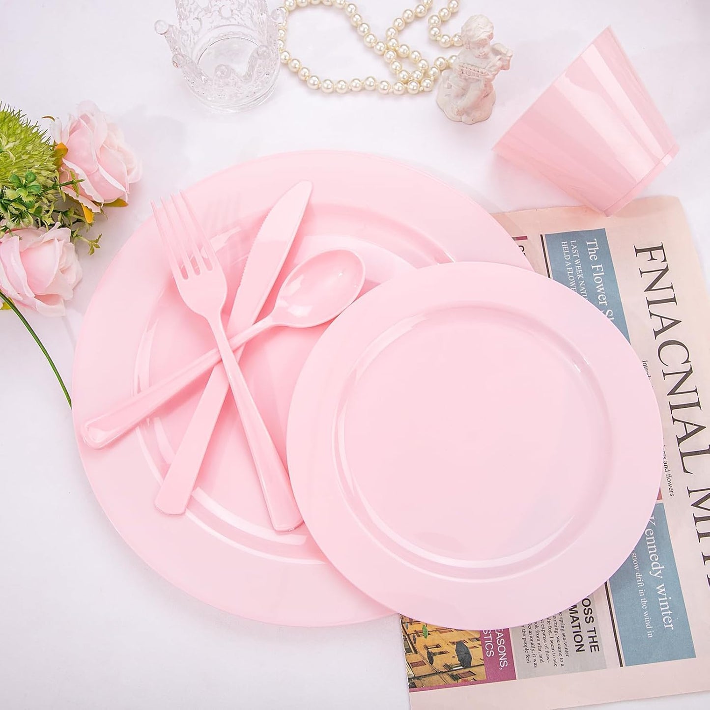 KIRE 150 Pieces Pink Plastic Plates Disposable - Pink Dinnerware Set Include 25 Dinner & 25 Salad Plates 25Forks 25Knives 25Spoons 25 Cups for Baby Shower/Bridal Shower