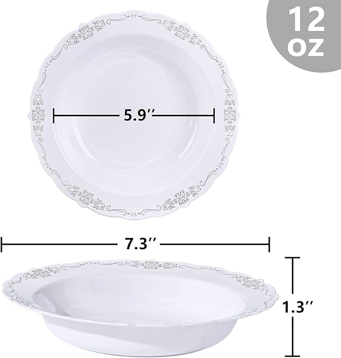 DaYammi 50 Pack Plastic Bowls with Silver Rim, 12oz Disposable Soup Bowls, Heavy Duty Dinner Bowls for Weddings, Parties, Dinners, Catering and Everyday Use