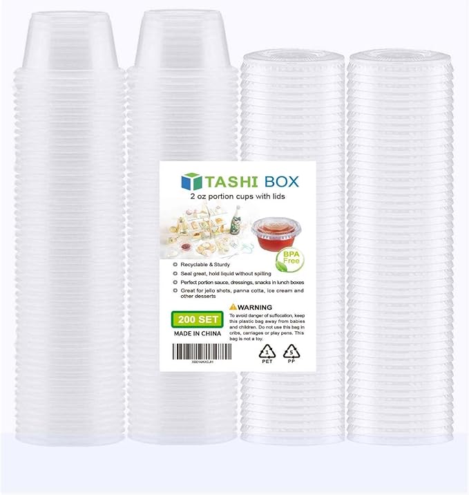 TashiBox 200 Sets - 2 Ounce Disposable Plastic Jello Shot Cups with Lids, Souffle Portion Container…