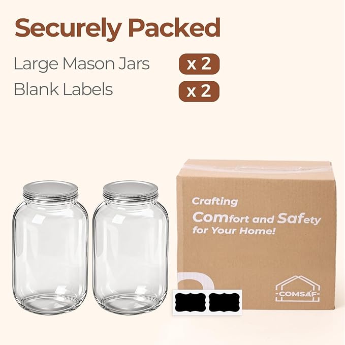 ComSaf 1 Gallon Wide Mouth Mason Jars 2 Pcs, 128 oz Glass Jars with Lids, Flour Sugar Storage Containers, Large Glass Containers for Pickles, Fermented Food, Sourdough Starter, Food Storage