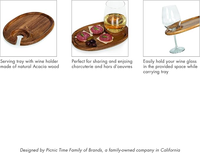 PICNIC TIME Wine Appetizer Plates, Set of 4 Wooden Cocktail Plates with Glass Holder, Mini Charcuterie Boards for Wine and Cheese Parties, Acacia Cheese Board Serving Trays (Oval - Acacia Wood)