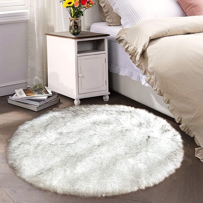 Latepis Small Circle Rug Round Rug 4ft Faux Sheepskin Fur Rug White - Image 7
