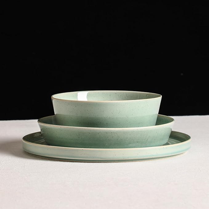 Stone Lain Claire 8-Piece Pasta Bowl Set Stoneware, Bowls, Dishwasher and Microwave Safe, Dish Set for 8, Green