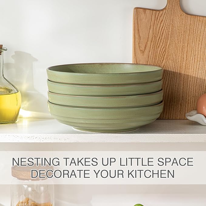 HAPPY KIT 9'' Large Pasta Bowls, 42 Oz Salad Bowl Set of 4, Stoneware Reactive Glaze Serving Bowls for Dessert, Soup, Fruit, Noodle, Scratch Resistant, Meadow Green