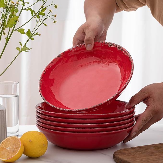 Farmhouse Melamine Pasta Bowls Set of 6, 42 OZ Large Serving Bowls Set, 9.25 inch Ramen Bowls,Wide and Shadow Rustic Red Round Dinner Bowl, Fruit bowl, Noodle Bowl, Salad Bowl Set, Red…
