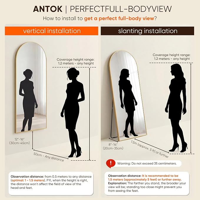 Antok 91" x46” Arched Full Length Floor Mirror, Free Standing/Wall Mount/Leaning - Image 9