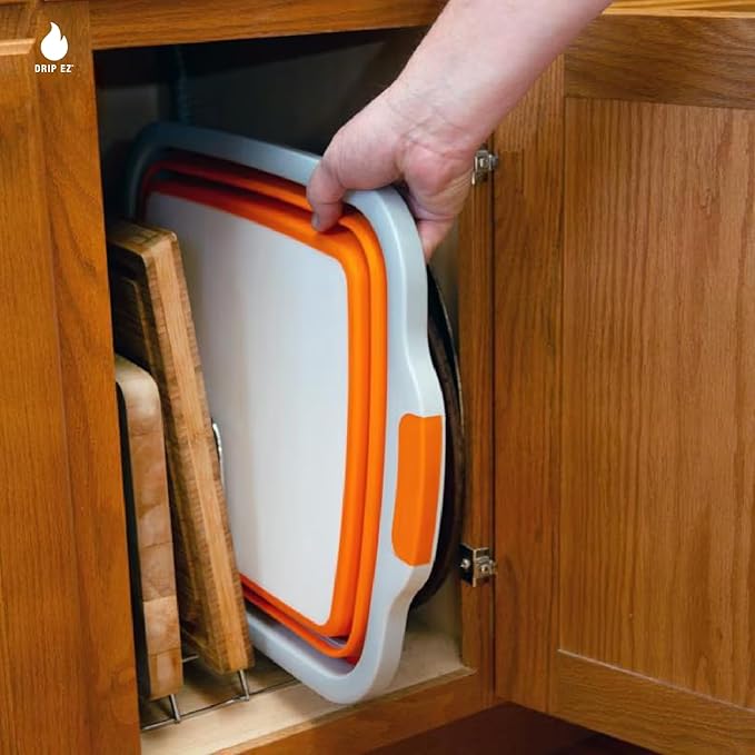Drip EZ Collapsible BBQ Prep Tub- for Meal Prep Marinating Food Storage - Includes Cutting Board & Locking Lid - (1) OG - Orange