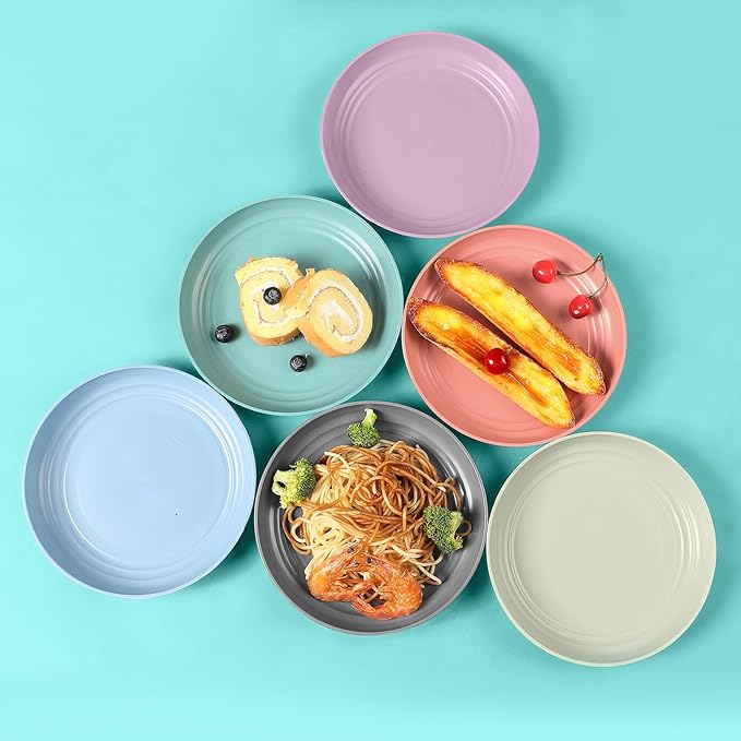 12 Pcs Unbreakable Deep Dessert Plates Set, 8 inch Reusable Plastic Wheat Straw Plates, Microwave and Dishwasher Safe Plate for Kitchen, Lightweight Plate for Dessert, BPA Free, 6 Colors