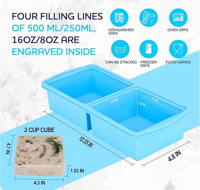Silicone freezer molds, 2-cup Silicone Freezer Trays with Lid,Soup Freezer Container large Ice Cube Molds, Perfect for Storing Lasagna, Leftovers, Sauces, Portioned Meals and More dishwasher safe