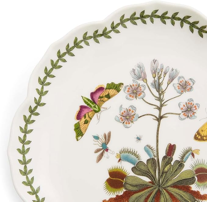 Portmeirion Botanic Garden Lotus 9" Salad Plate, Venus Fly Trap Illustration - Floral Scalloped Shaped Porcelain Dish for Appetizers or Desserts, Dishwasher & Oven Safe