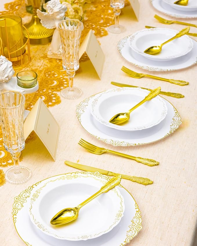 100 Pack White Plastic Bowls with Gold Rim, 12oz Disposable Soup Bowl, Heavy Duty Dinner Bowls for Party, Weddings, Dinners, Catering and Everyday Use