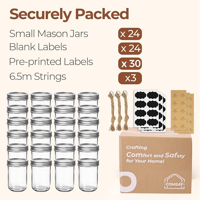 ComSaf Small Mason Jars 8 oz, 24Pcs Regular Mouth Canning Jars, 8 ounce Glass Jar with Lid for Jams, Sauces, Jellies, Spices, Self-Made Gift, DIY Candles Decor, Wedding & Baby Shower Favors