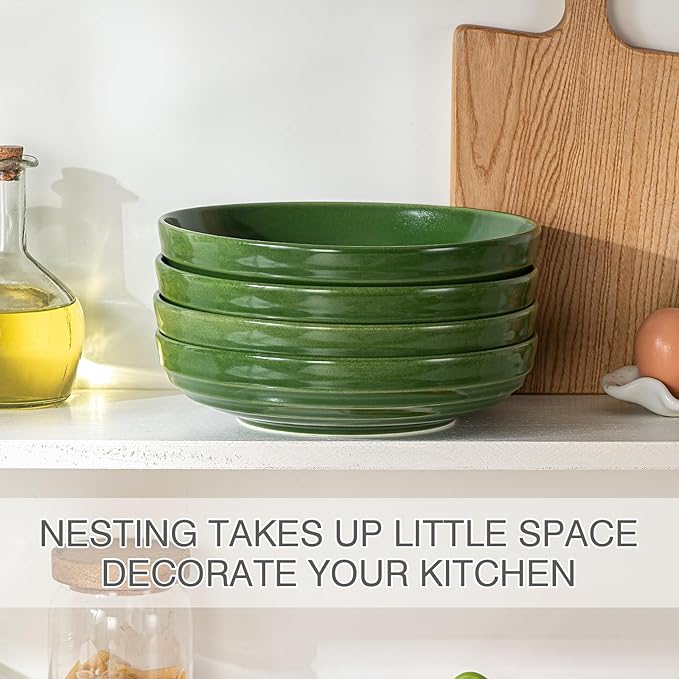 HAPPY KIT Pasta Bowls 42 Oz, Stoneware Reactive Glaze Serving Bowl Set of 4, 9'' Large Salad Bowls for Fruits, Noodle, Dinner, House-warming Wedding Present, Emerald Green