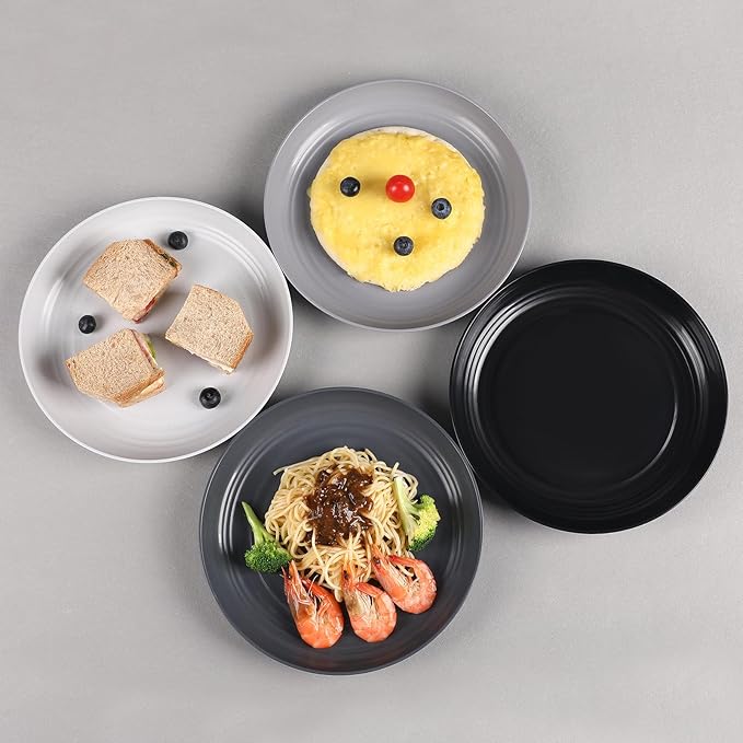 12 Pcs Unbreakable Deep Dinner Plates Set, 9 inch Reusable Plastic Wheat Straw Plates, Microwave and Dishwasher Safe Plate for Kitchen, Lightweight Plate for Dessert, BPA Free, White Gray