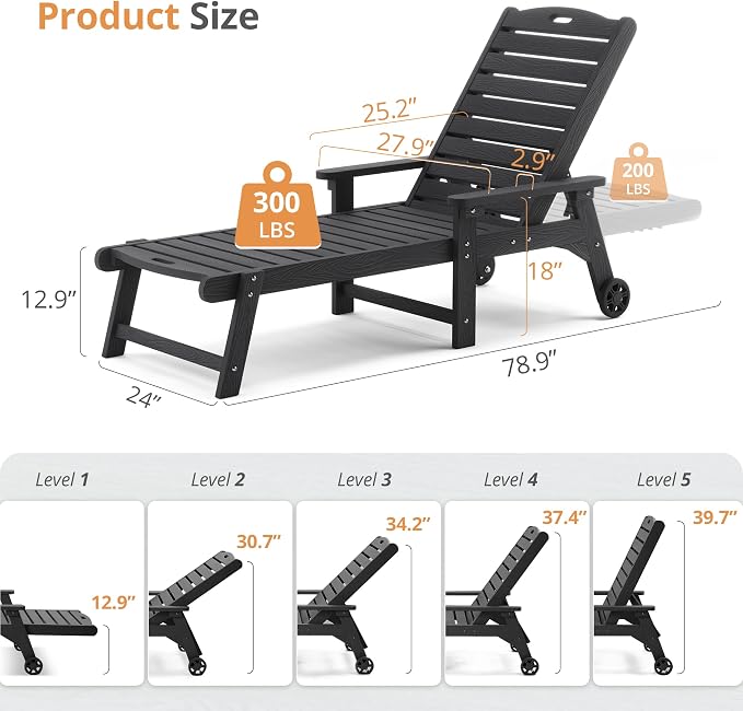 LUE BONA Lounge Chair Outdoor Set of 4, HDPS Chaise Lounge Outdoor - Image 7