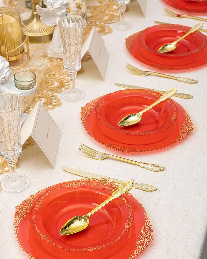 100 Pack Clear Red Plastic Bowls with Gold Rim, 12oz Plastic Salad Bowl, Disposable Bowls for Party, Dinners, Weddings, Christmas, Thanksgiving