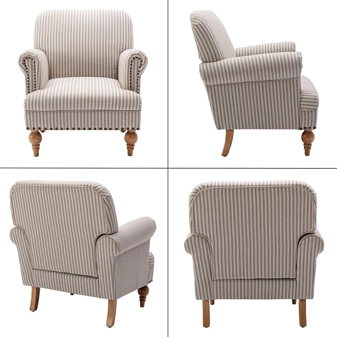 Khaki Striped Linen Fabric Accent Chairs Set of 2, Modern Farmhouse Upholstered - Image 9
