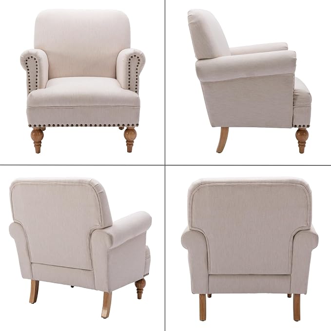 Beige Linen Fabric Accent Chair, Modern Farmhouse Upholstered Armchair - Image 9