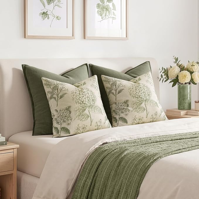 Set of 2 Decorative Floral Pillow Covers 22x22 Inch Sage Green | Neutral - Image 6