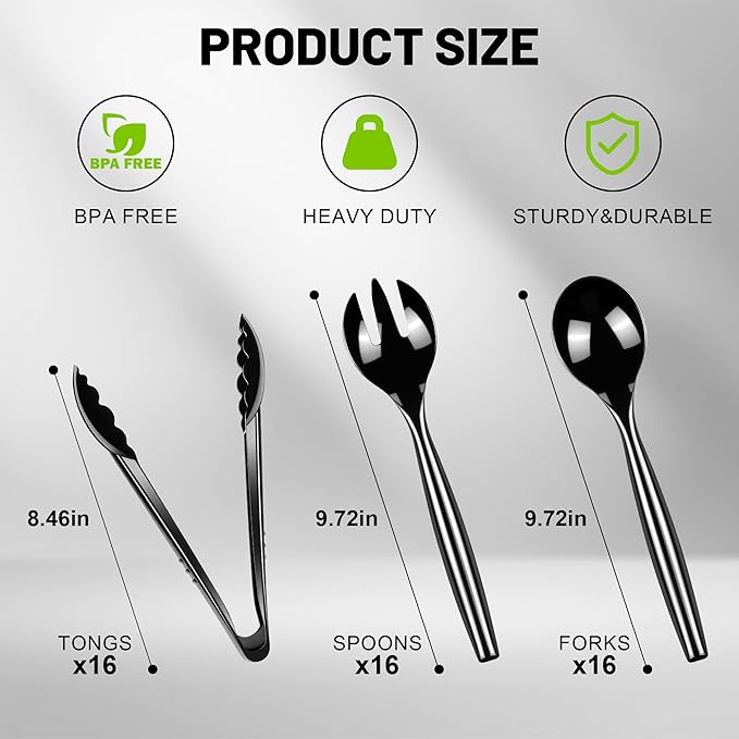 Dualshine 48 Pcs Disposable Black Plastic Serving Utensils,16 Set Including 10" Plastic Serving Spoons, Forks and 9" Tongs for Dinner Parties, Buffets,Banquets, Events, Weddings, and Daily Use