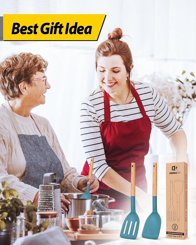 Pack of 2 Silicone Cooking Spatula, Heat Resistant Solid Turner, Non Stick Slotted Spatulas with Wooden Short Handle,Ideal Wood Kitchen Utensils Set for Frying, Baking, Flipping, Turning