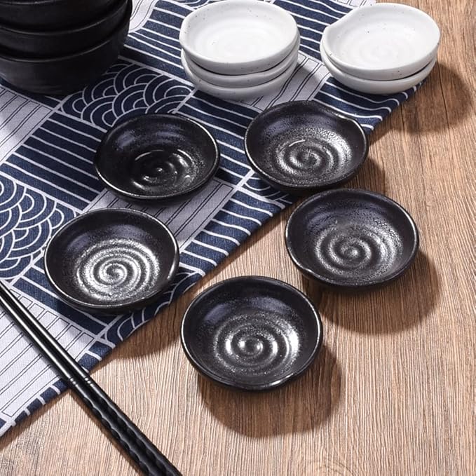 3.1 Inch Porcelain Side Dish Bowl Seasoning Dishes Soy Sauce Dishes Dipping Sauce Bowls-Set of 5,Soy Sauce Dish with Mouth (Black)