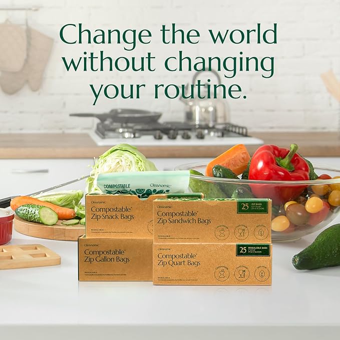 CLEANOMIC Compostable* Food Storage Bag Bundle - Gallon, Quart, Sandwich and Snack Sizes