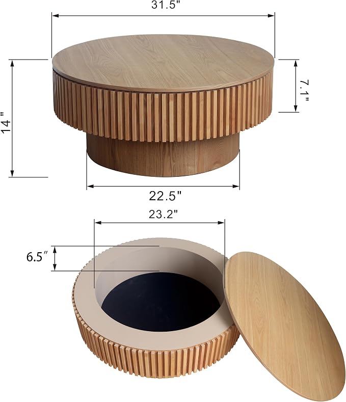 Round Fluted Coffee Table with Storage,31.5" Lift Top Center Table - Image 2