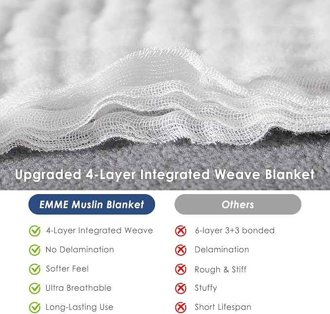 EMME Cotton Muslin King Blanket 4 Layer,Oversized Gauze Bedspread Coverlet - Image 7