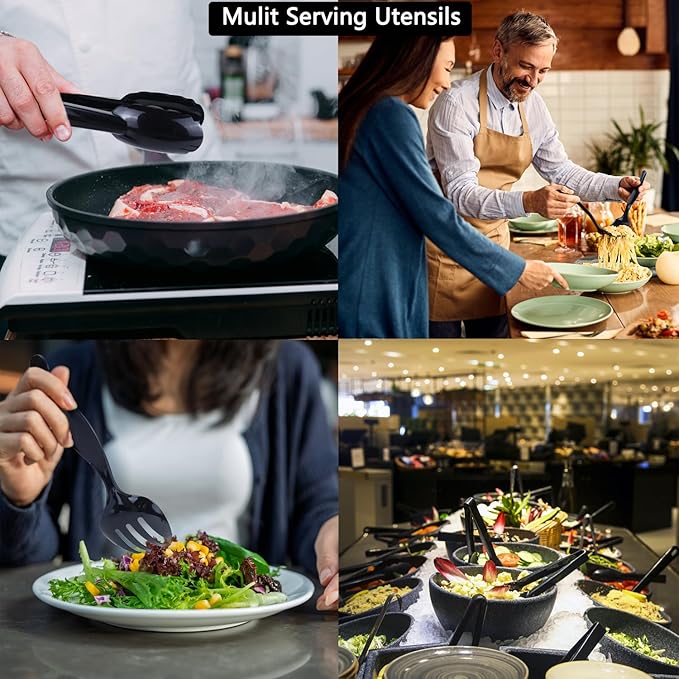 24Pcs Black Plastic Serving Utensils Disposable Serving Spoons Forks Tongs for Party Utensils Supplies for Dinner Parties Buffets Salad Noodles Soup and Weddings (Black)