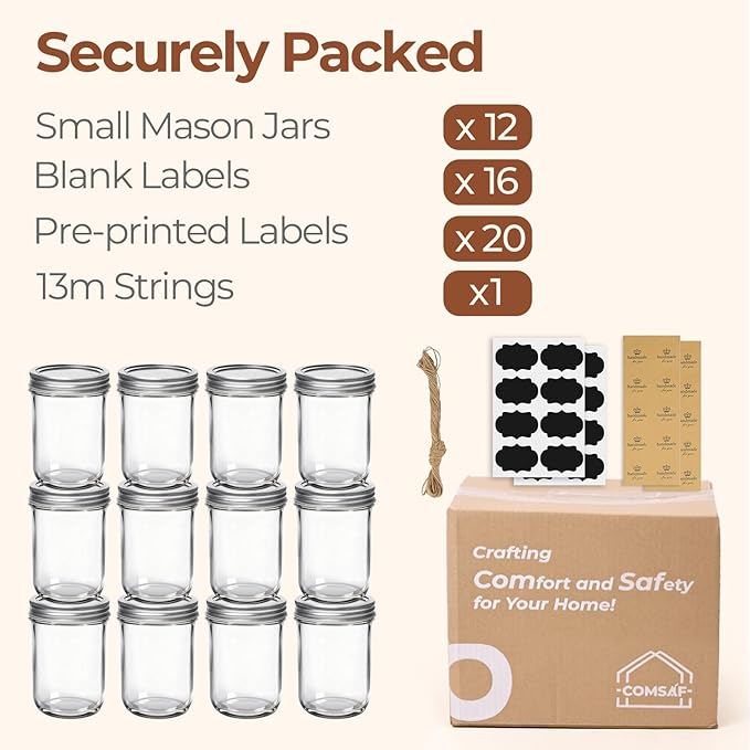 ComSaf Small Mason Jars 8 oz - 12 Pack, Regular Mouth Mason Jar with Lids and Seal Bands, Small Glass Canning Jar for Spice, Jam, Honey, Jelly, Dessert, Shower Wedding Favors, DIY Candles Decor