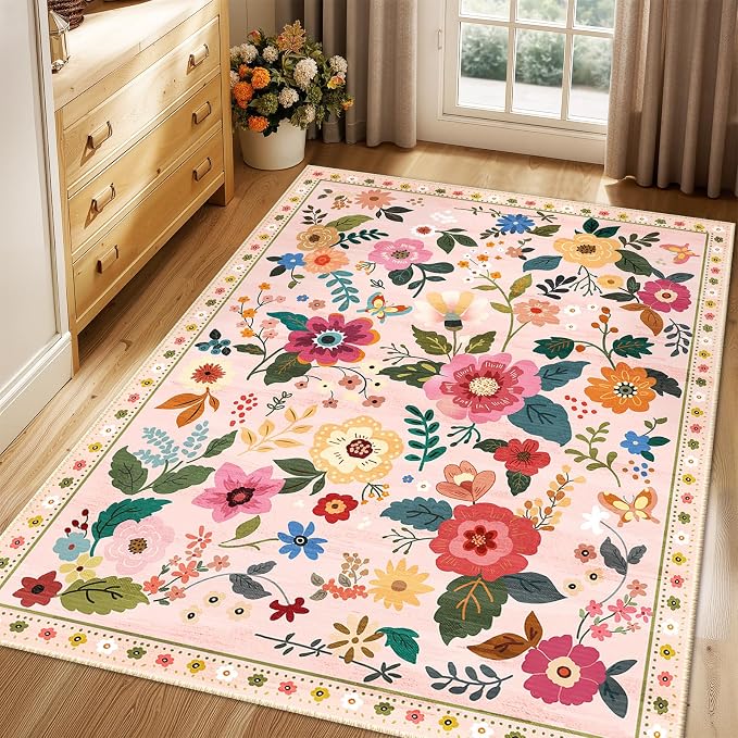 RELEANY Floral Washable 3x5 Area Rugs Pink | Flower Carpet Print Boho Cute Non - Image 9
