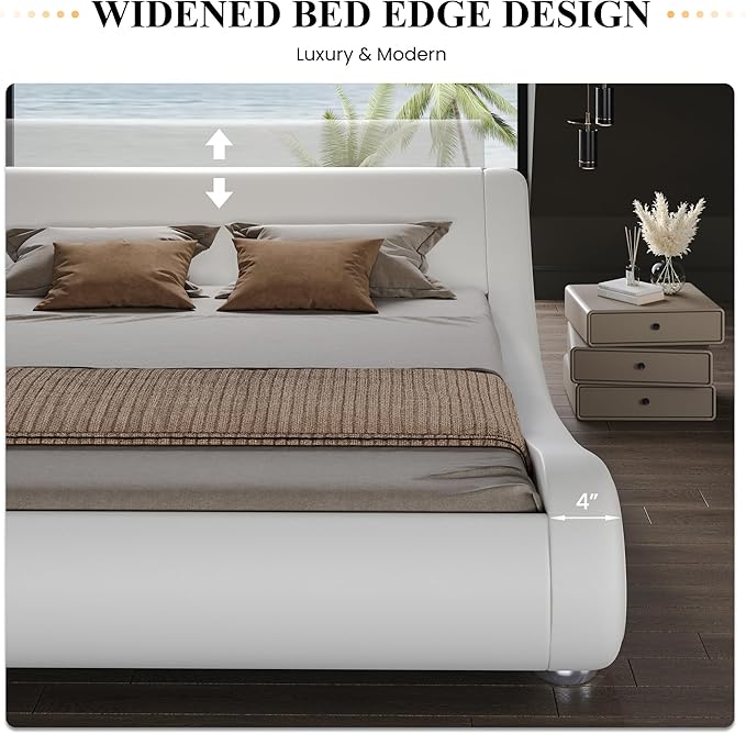SHA CERLIN King Size Upholstered Bed Frame, Deluxe Low Profile Sleigh Bed - Image 7
