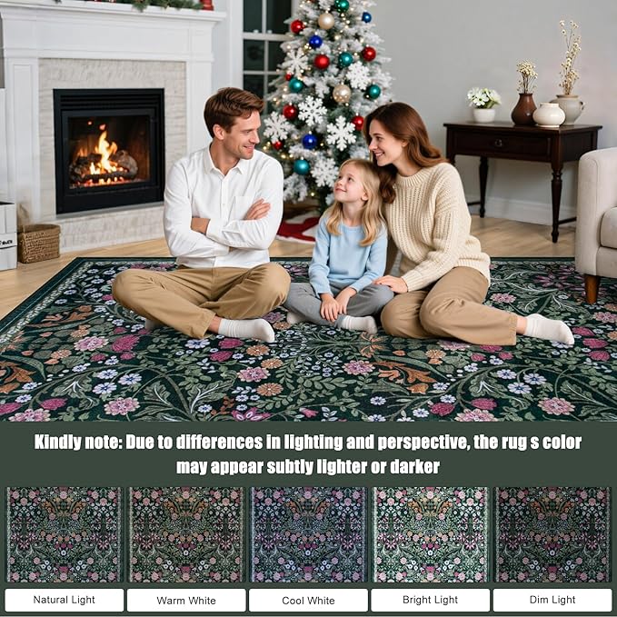 PLHXFR Round Area Rug Living Room: 6 ft Floral Washable Carpet Dark Green | - Image 9