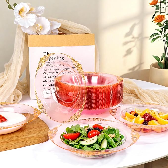 100PCS Clear Pink Plastic Bowls - 12 oz Pink Gold Disposable Salad Bowls - Heavy Duty Disposable Soup Bowl - Fancy Plastic Ice Cream Bowl for Weddings Parties Dinners Picnics