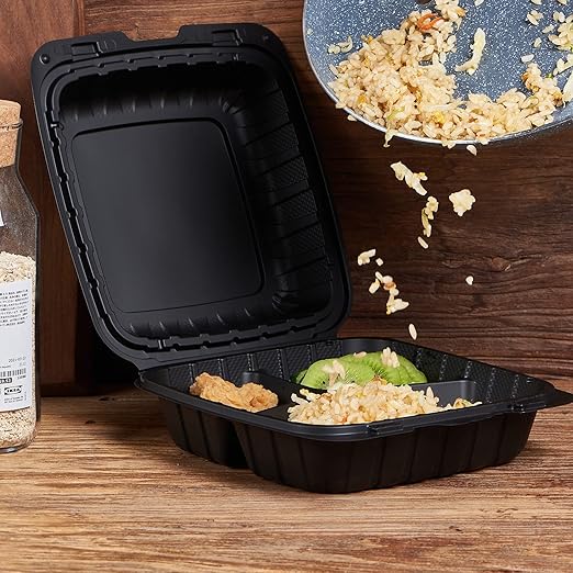 8X8" 3-Compartment 50-Pack Plastic Clamshell Takeout Food Trays Heavy Duty Togo Disposable Box For Pasta Salad Sandwich Carryout Meal Prep Packaging Catering Hinged Containers With Secure Snap Lid