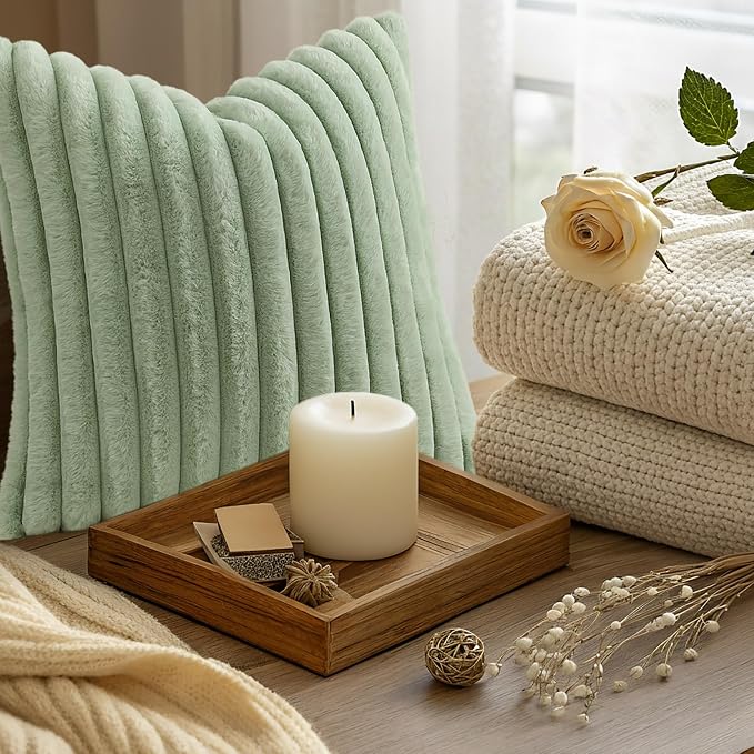 decorUhome Fall Faux Fur Throw Pillow Covers 22x22 Set of 2 Sage Green | - Image 9