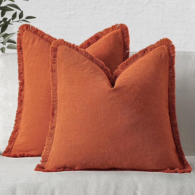 MIULEE Linen Fringe Decorative Fall Throw Pillow Covers Burnt Orange 18x18 | - Image 9