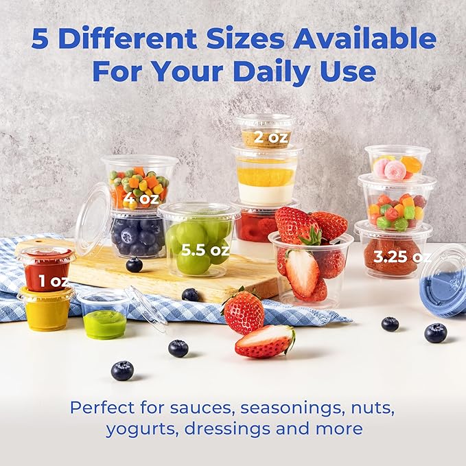 Fit Meal Prep 250 Pack 3.25 oz Jello Shot Cups with Lids, Disposable Souffle Portion Cups for Sauce