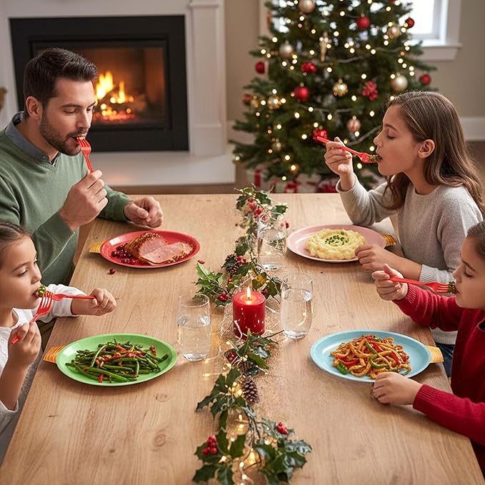 OuMuaMua 100Pcs Christmas Paper Plates Disposable, Heavy Duty Christmas Light Bulb Design Party Supplies Serve 50, Fancy Disposable Dinnerware Set with Gold Foil for Holiday Home Xmas Party Decor