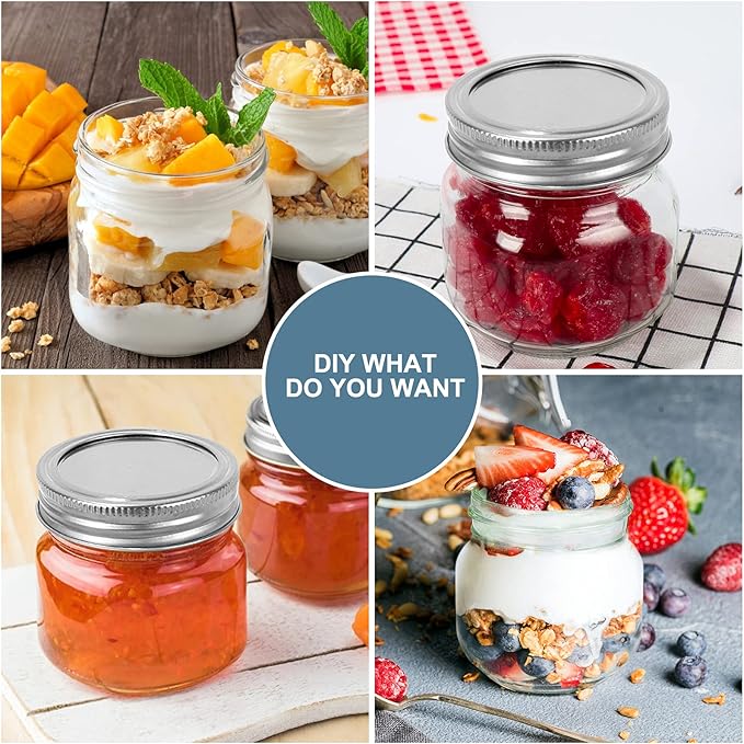 CycleMore 24 Pcs 8oz Clear Glass Mason Jars With Regular Silver Separable Lids, 250ml Round Spice Canning Jars for Honey, Jam, Herb, Wedding Favors, Kitchen Storage, DIY Souvenir