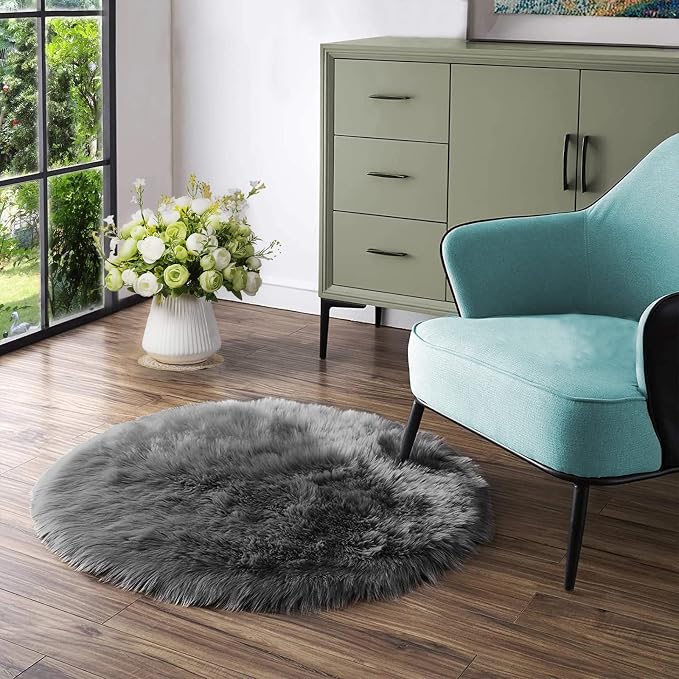 Latepis Round Area Rugs Dark Gray 6.7ft Faux Sheepskin Fur Circle Rug - Image 7