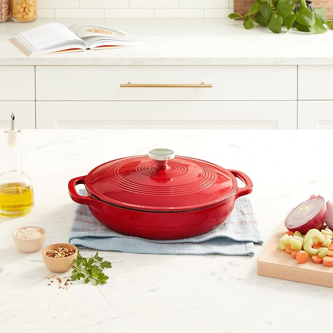 Lodge 3.6 Quart Enameled Cast Iron Covered Casserole with Lid – Dual Handles – Oven Safe up to 500° F or on Stovetop - Use to Marinate, Cook, Bake, Refrigerate and Serve – Solid Red