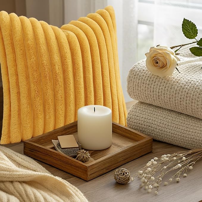 decorUhome Fall Faux Fur Throw Pillow Covers 16x16 Set of 2 Mustard Yellow | - Image 9
