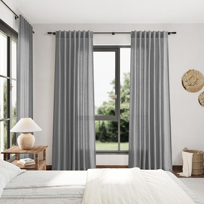 Dark Grey Linen Extra Long Curtain 108 Inches Long 2 Panels Set Back Tab Drapes - Image 7