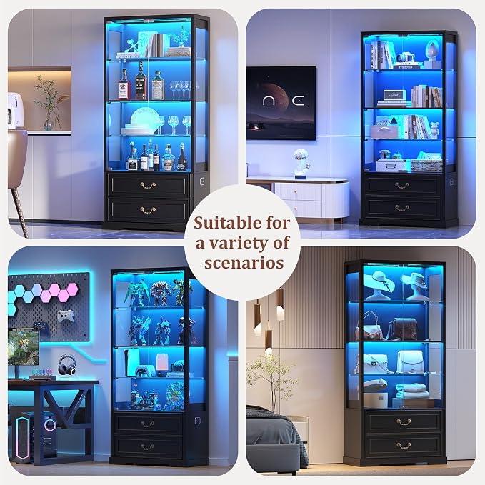 FREDEES Display Cabinet with Glass Doors, Tall Bookcase with 3 Color Lights and - Image 8